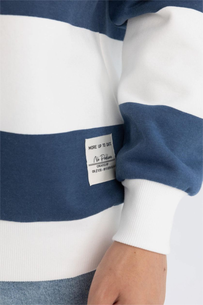 Erkek Mavi Boxy Fit Bisiklet Yaka Çizgili Sweatshirt