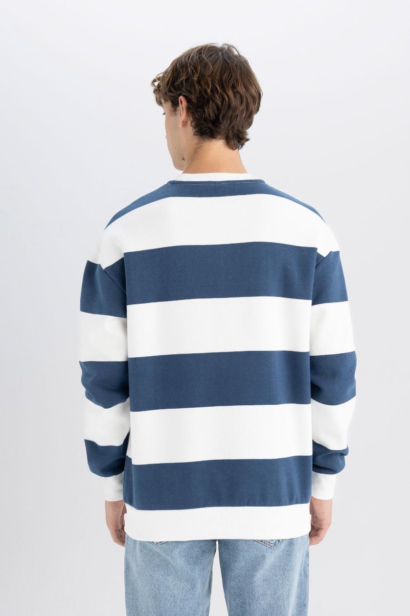 Erkek Mavi Boxy Fit Bisiklet Yaka Çizgili Sweatshirt