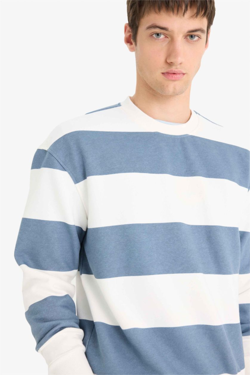 Erkek Gri Boxy Fıt Bisiklet Yaka Çizgili Sweatshirt