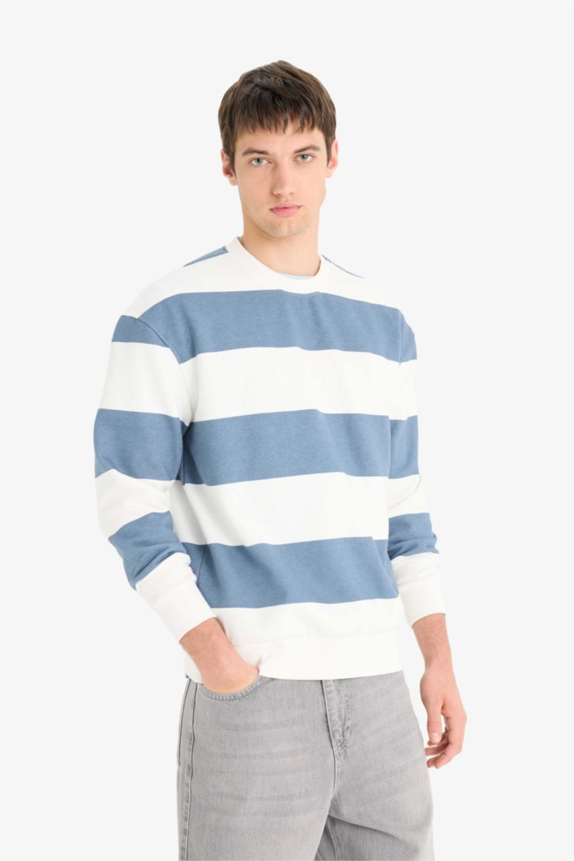 Erkek Gri Boxy Fıt Bisiklet Yaka Çizgili Sweatshirt