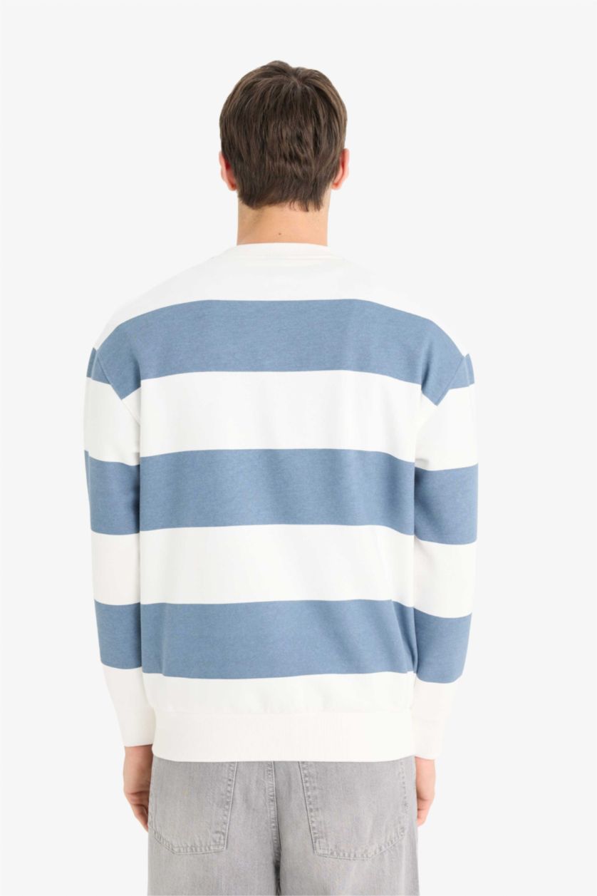 Erkek Gri Boxy Fıt Bisiklet Yaka Çizgili Sweatshirt