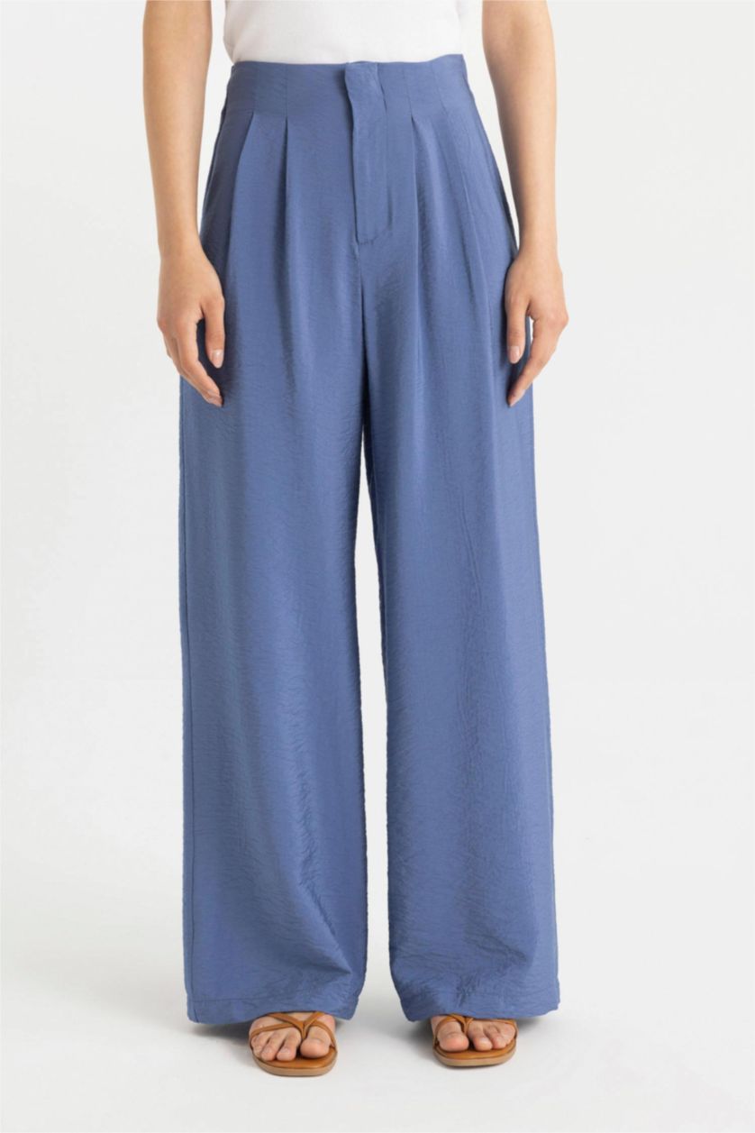 Kadın İndigo Wide Leg Çift Pileli Basıc Dokuma Palazzo Pantolon