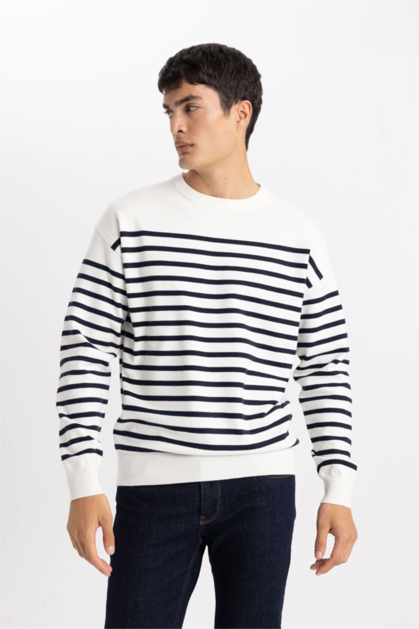 Мужчины Бежевый Свитер свободного кроя с круглым вырезом