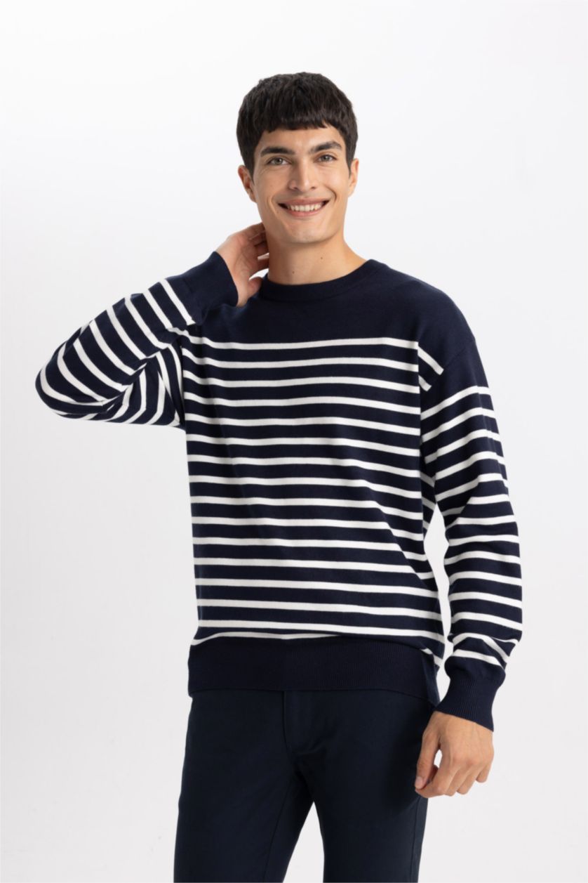 Мужчины Синий Свитер свободного кроя с круглым вырезом