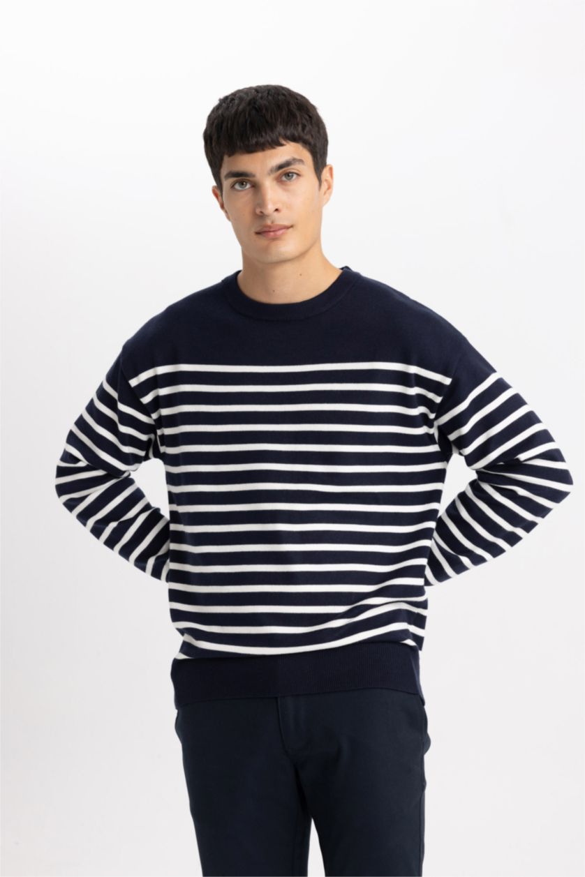 Мужчины Синий Свитер свободного кроя с круглым вырезом