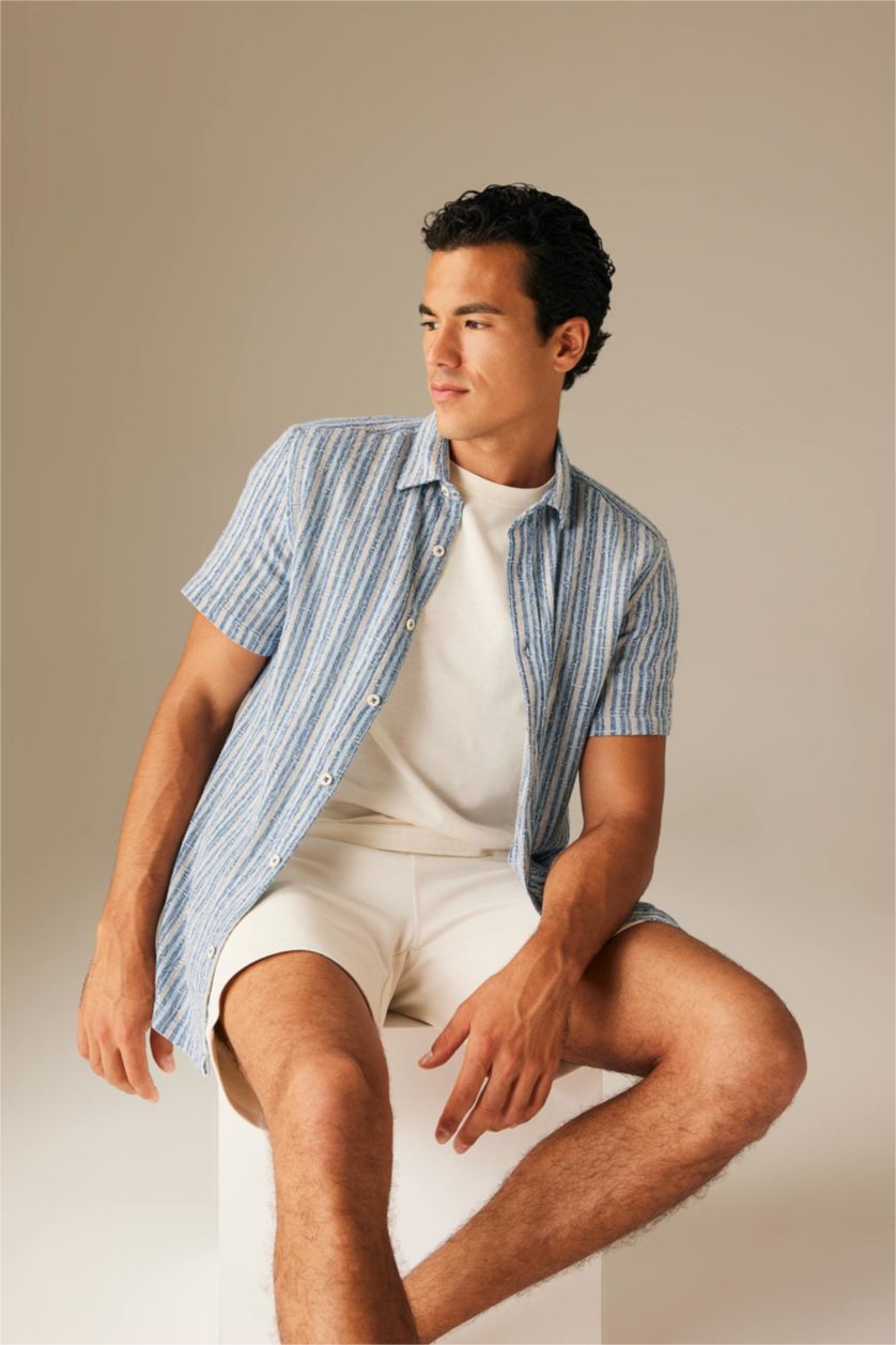 Man NAVY Regular Fit Cotton Striped Short Sleeve Shirt