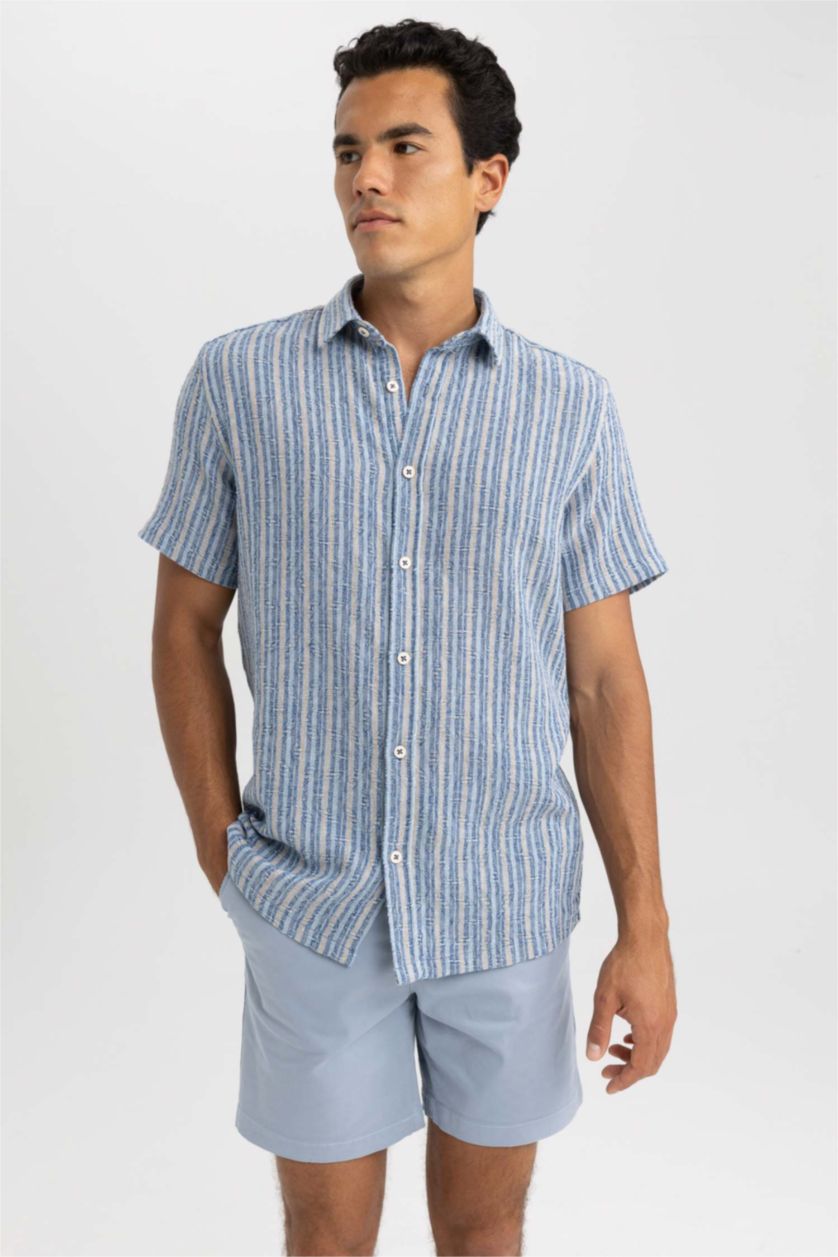 Man NAVY Regular Fit Cotton Striped Short Sleeve Shirt