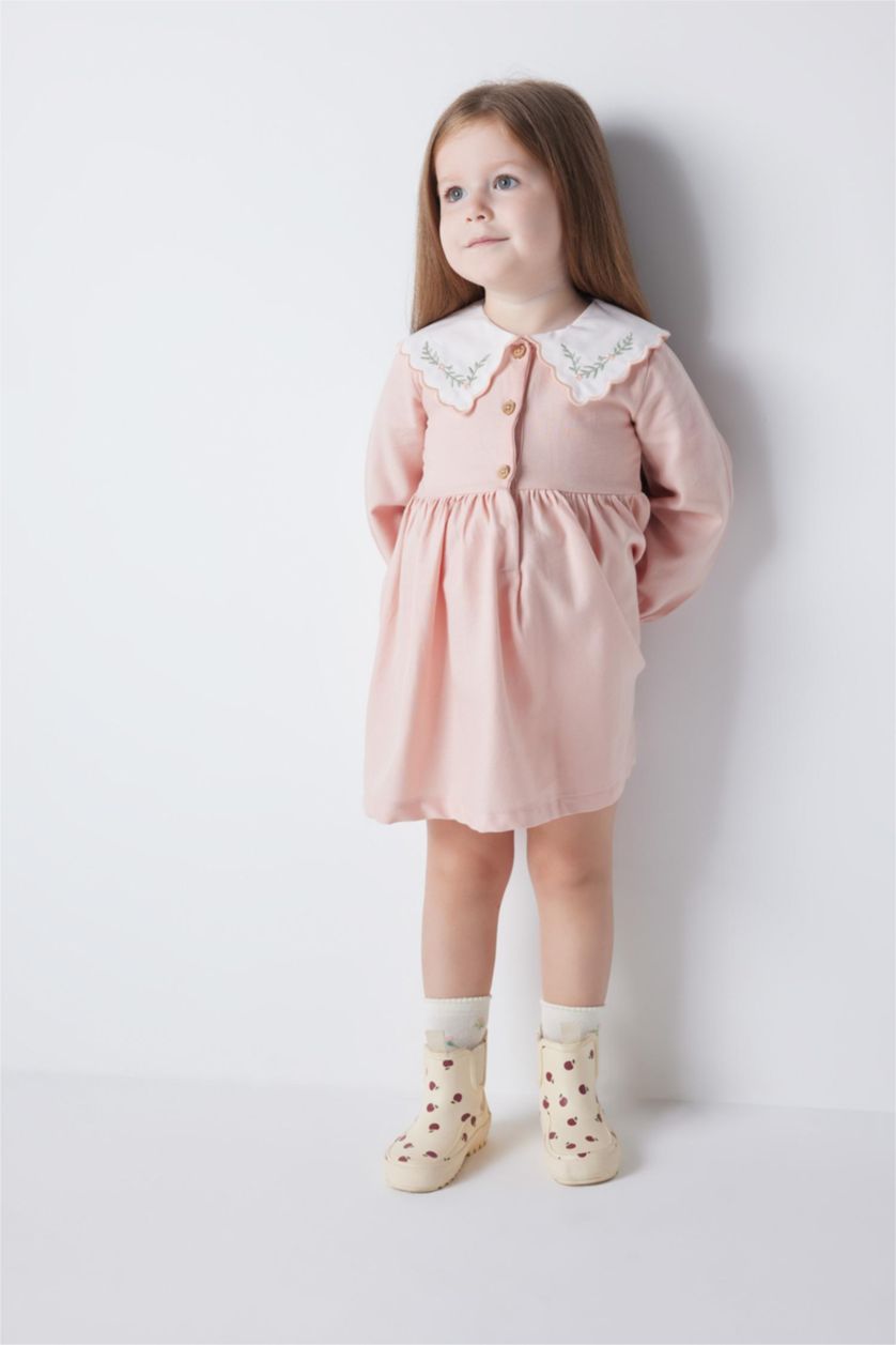 Baby Girl Pink Baby Girl Floral Long Sleeve Twill Dress