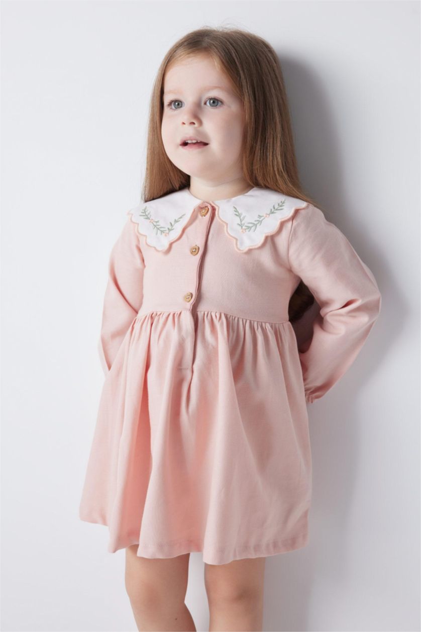 Baby Girl Pink Baby Girl Floral Long Sleeve Twill Dress