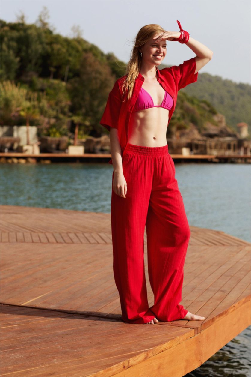 Woman Red High Waist Wide Leg Trousers