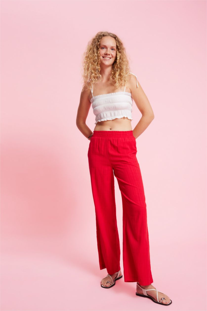 Woman Red High Waist Wide Leg Trousers