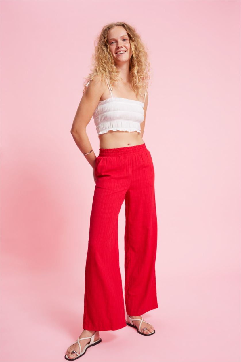 Woman Red High Waist Wide Leg Trousers