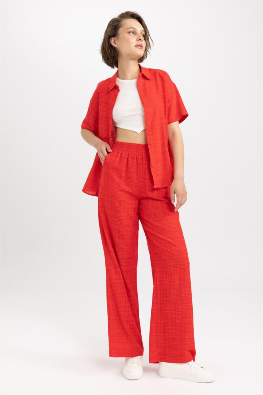 Woman Red High Waist Wide Leg Trousers