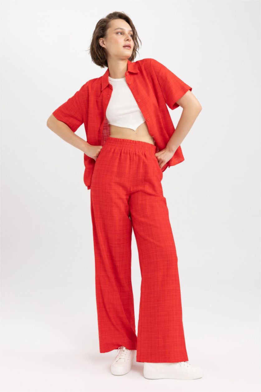 Woman Red High Waist Wide Leg Trousers