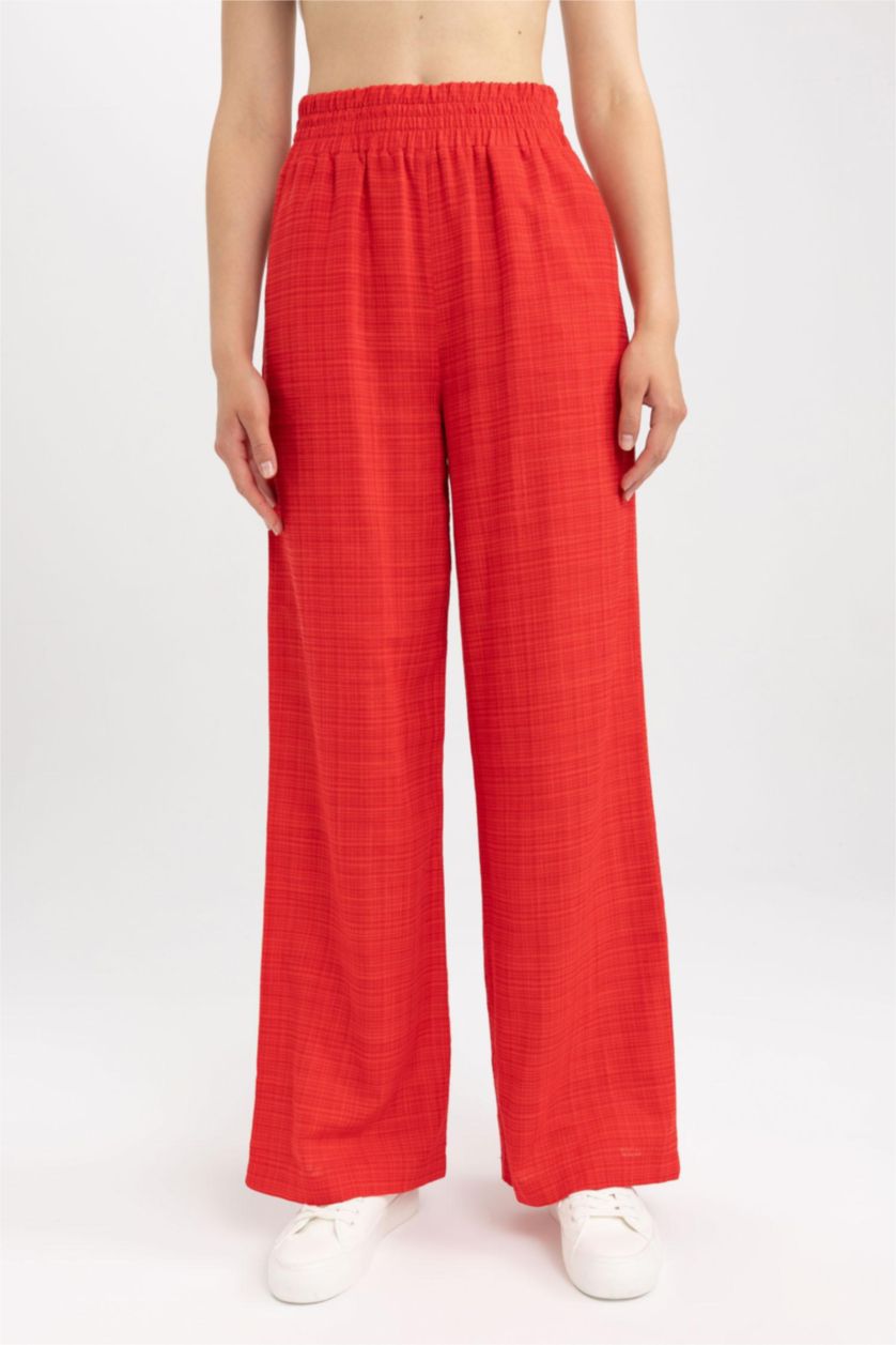 Woman Red High Waist Wide Leg Trousers