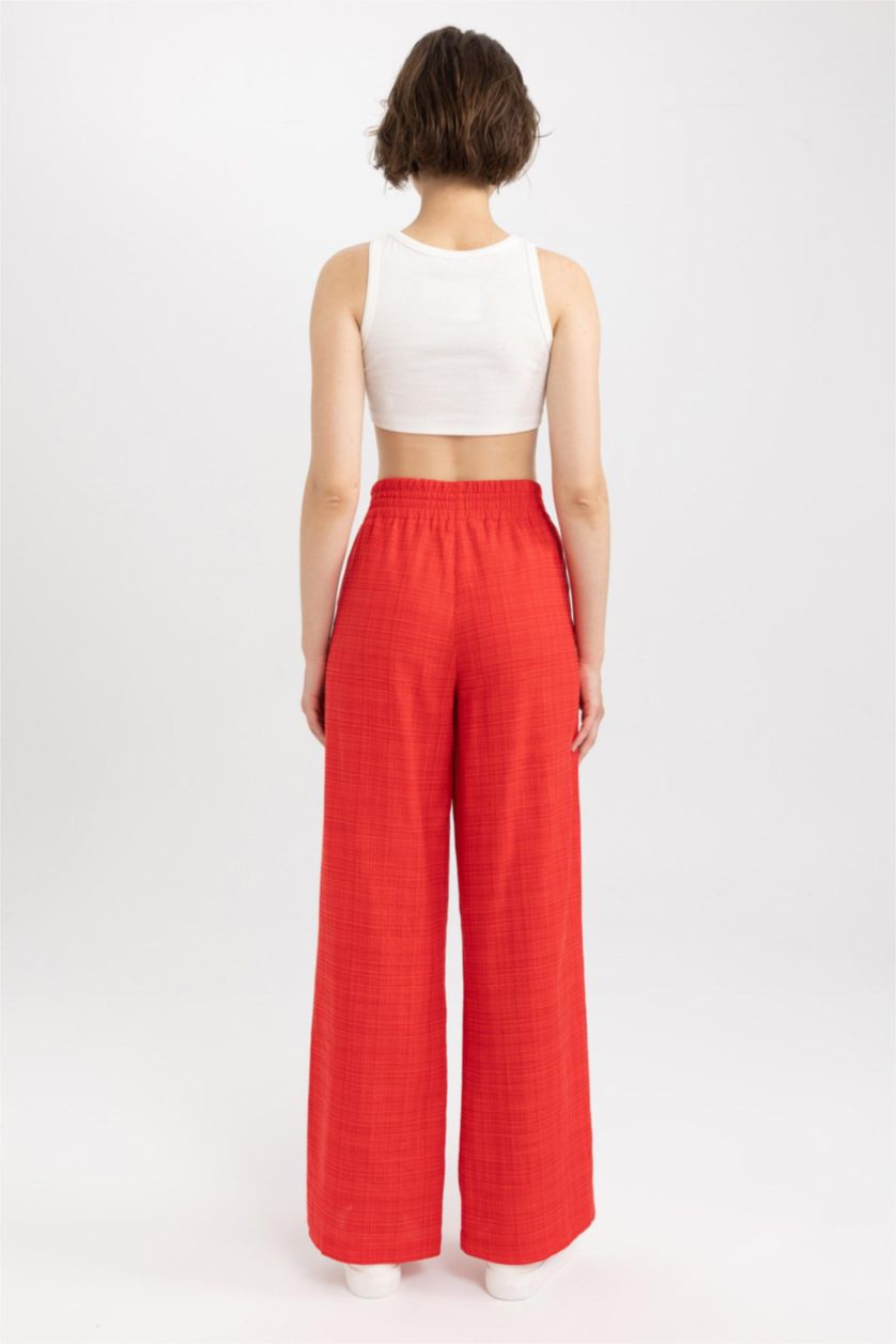 Woman Red High Waist Wide Leg Trousers