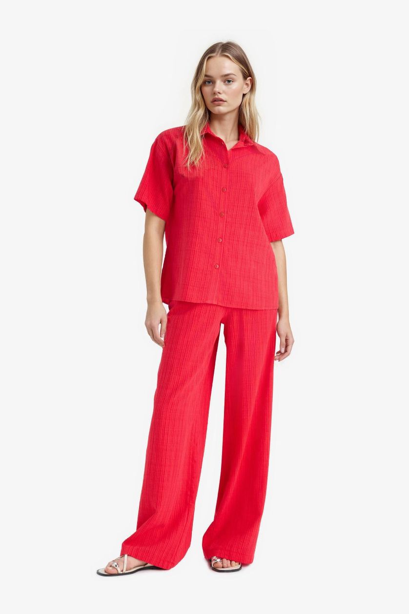 Woman Red Wide Leg High Waist Trousers