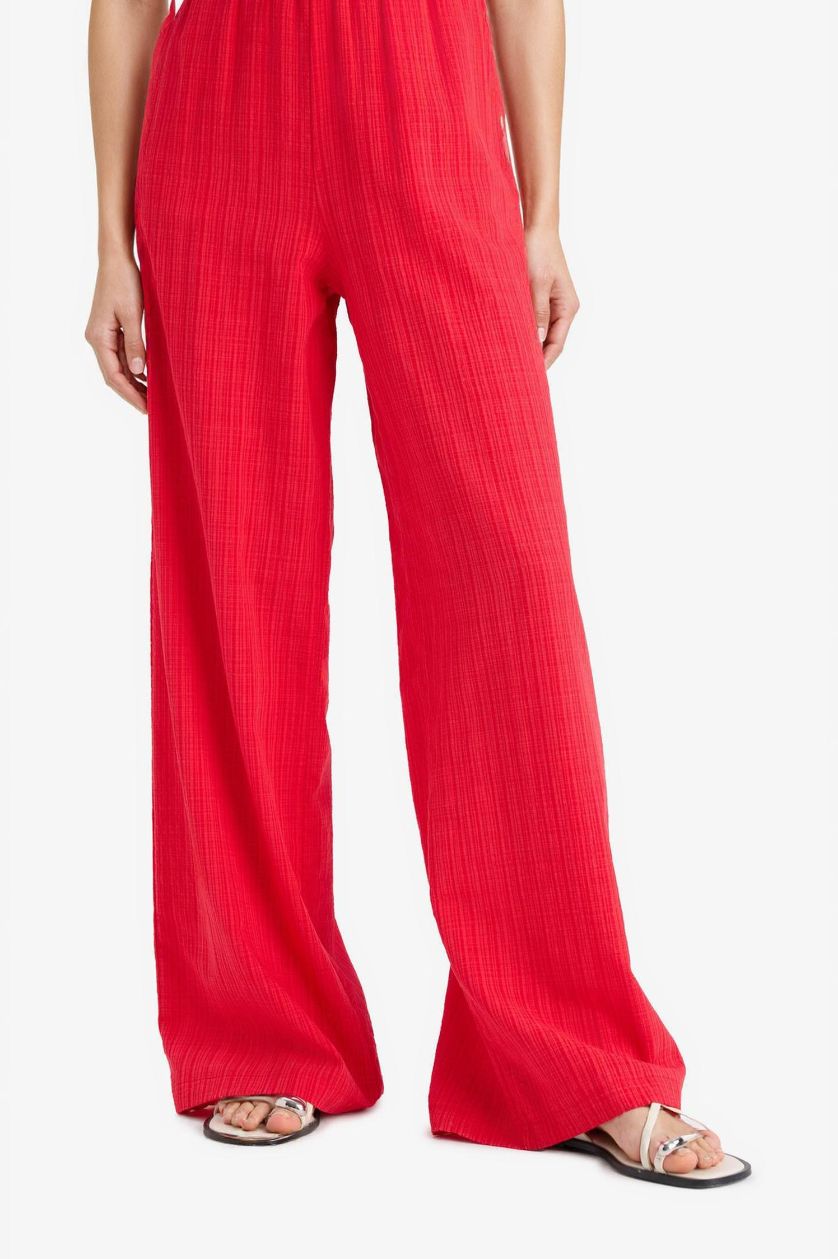 Woman Red Wide Leg High Waist Trousers