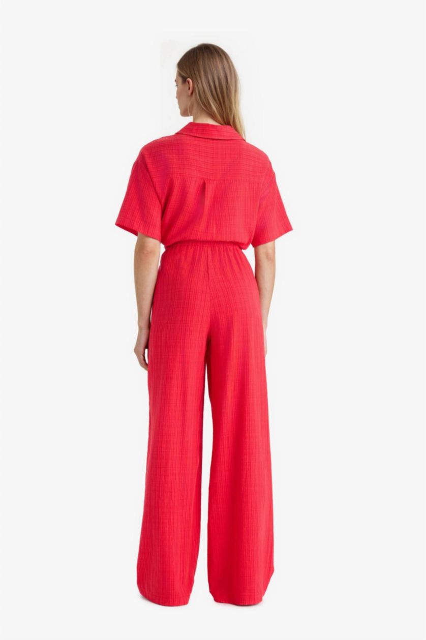 Woman Red Wide Leg High Waist Trousers