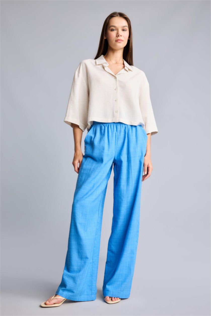 Women Blue High Waist Wide Leg Trousers