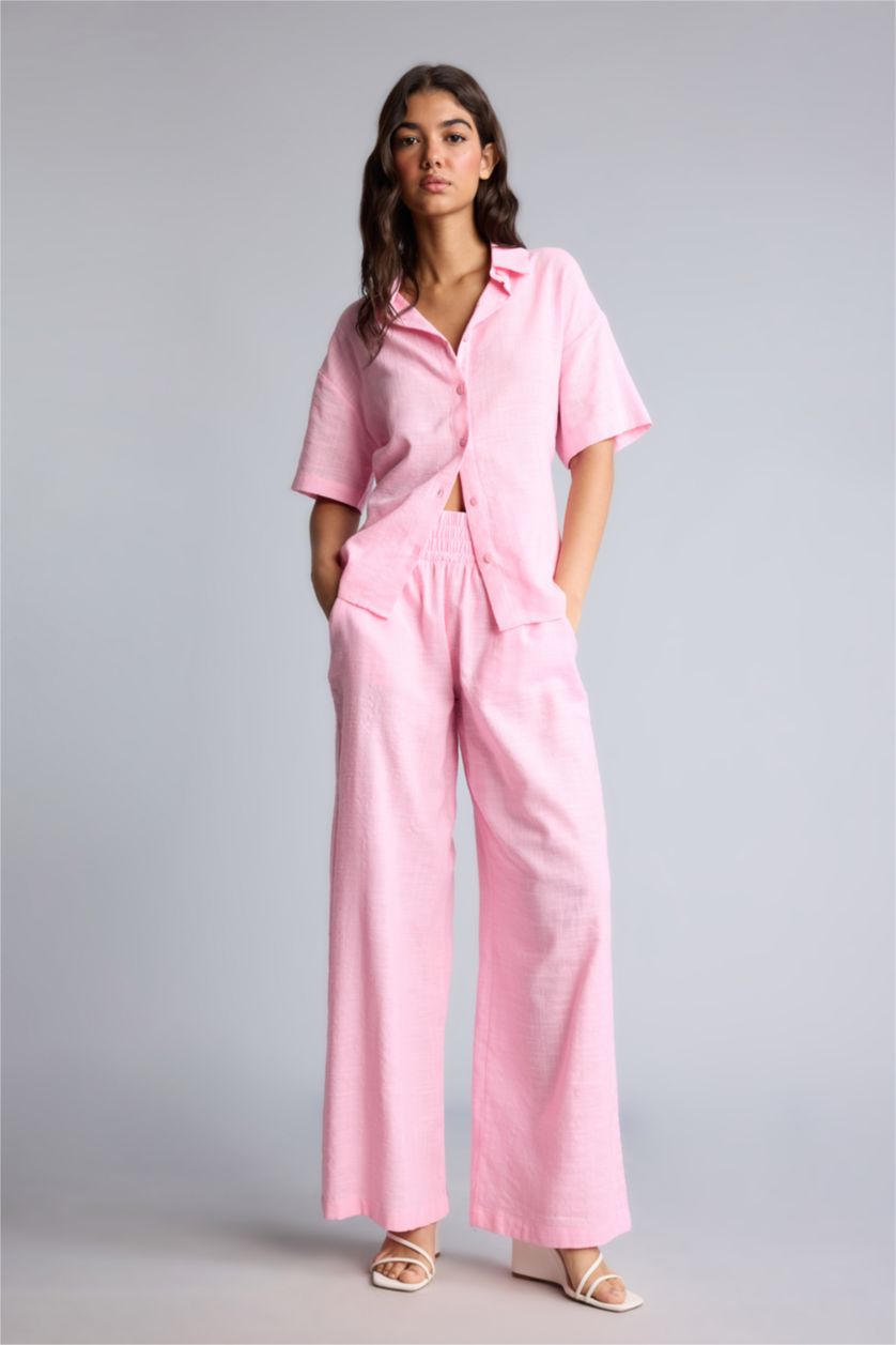 Women Pink High Waist Wide Leg Trousers