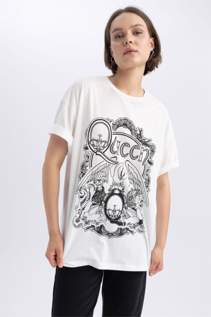 Kadın Kırık Beyaz AC/DC Oversize Fit Bisiklet Yaka Kısa Kollu %100 Pamuk Tişört