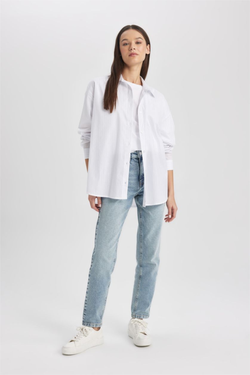 FEMME BLEU Clair Chemise Oversize Imprimée à Manches Longues