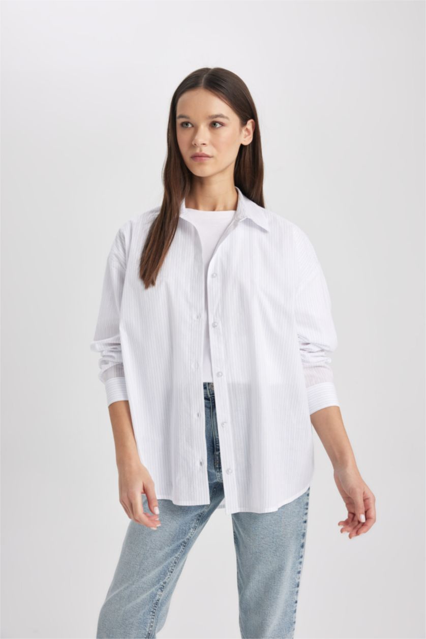 FEMME BLEU Clair Chemise Oversize Imprimée à Manches Longues