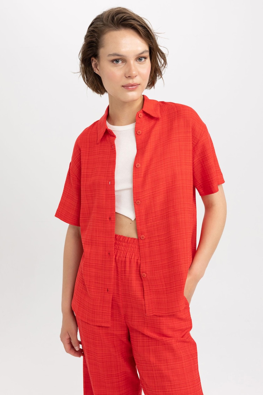 Women Red Oversize Fit Short Sleeve Shirt