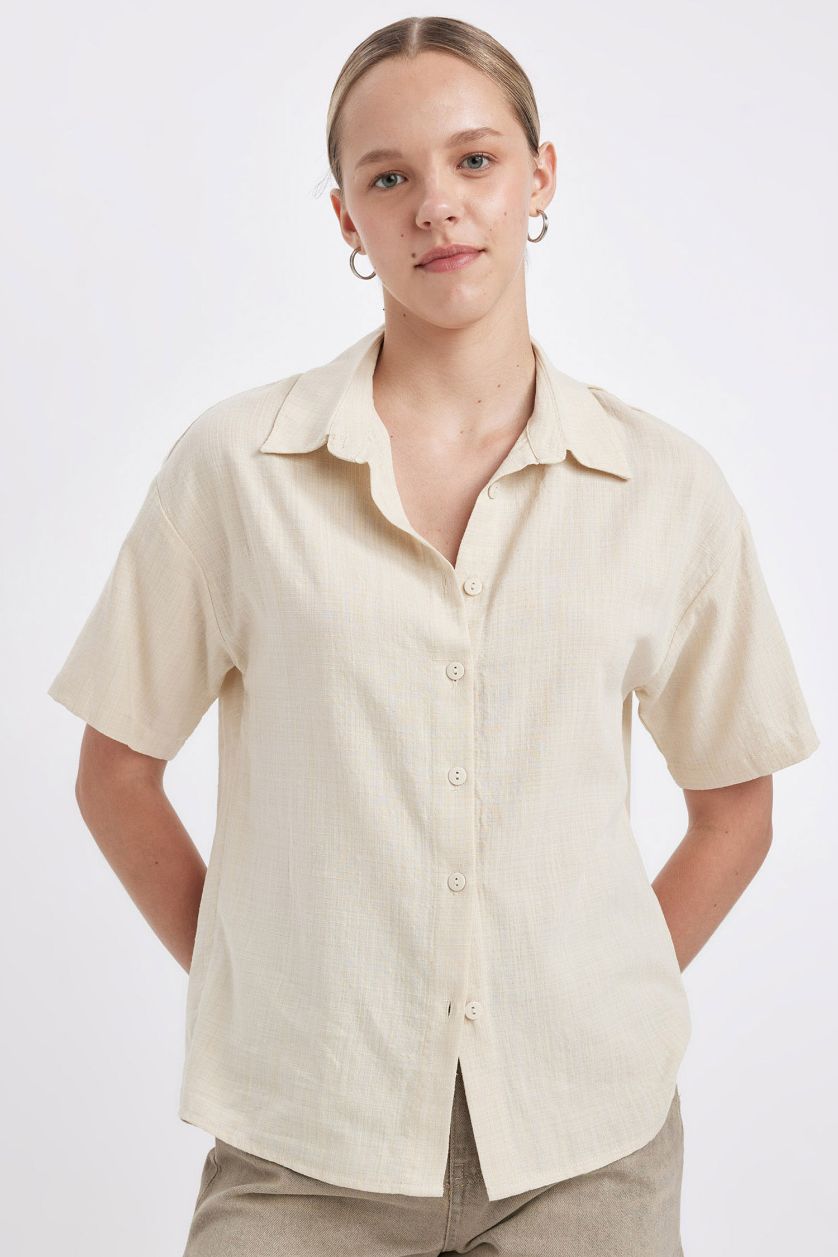 FEMME Beige Chemise Oversize à Manches Courtes Aspect Lin