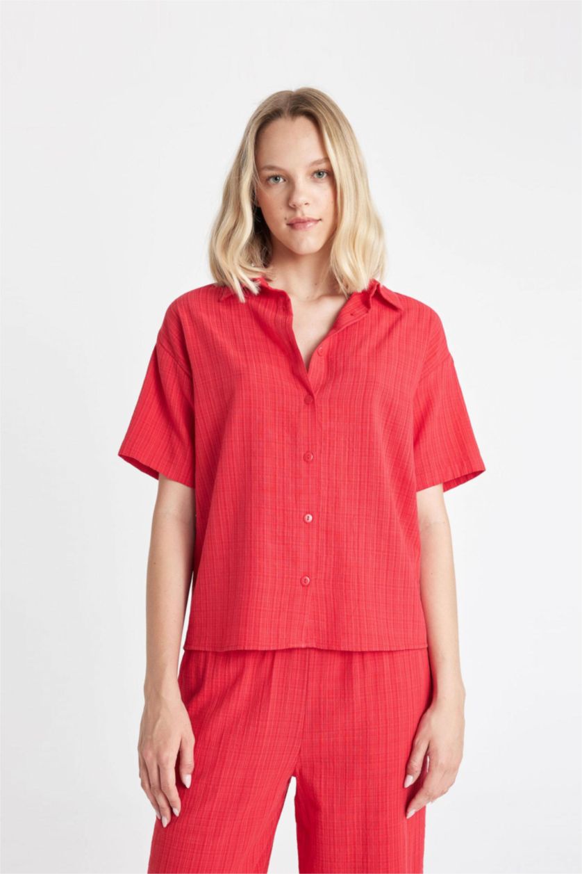 WOMAN Red Oversize Linen Look Short Sleeve Shirt