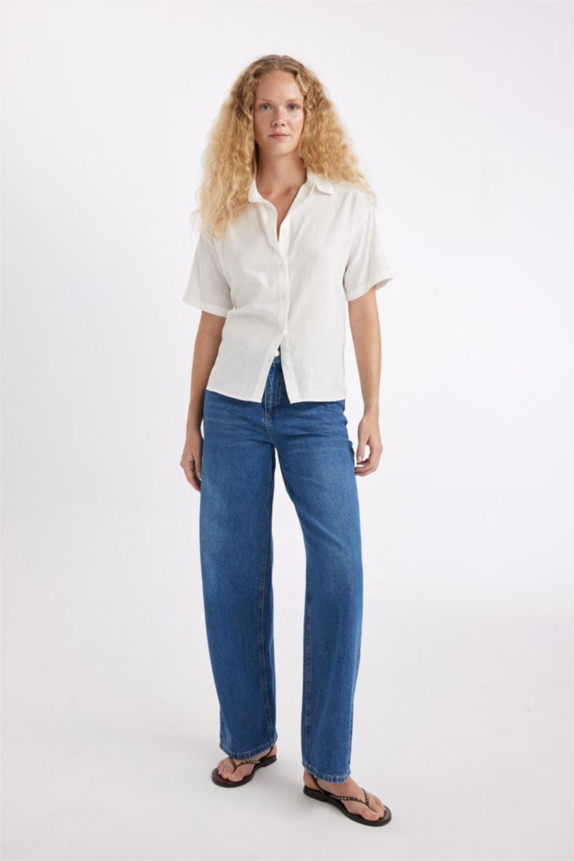نساء اوف وايت Oversize Linen Look Short Sleeve Shirt