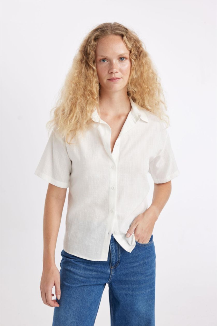 نساء اوف وايت Oversize Linen Look Short Sleeve Shirt