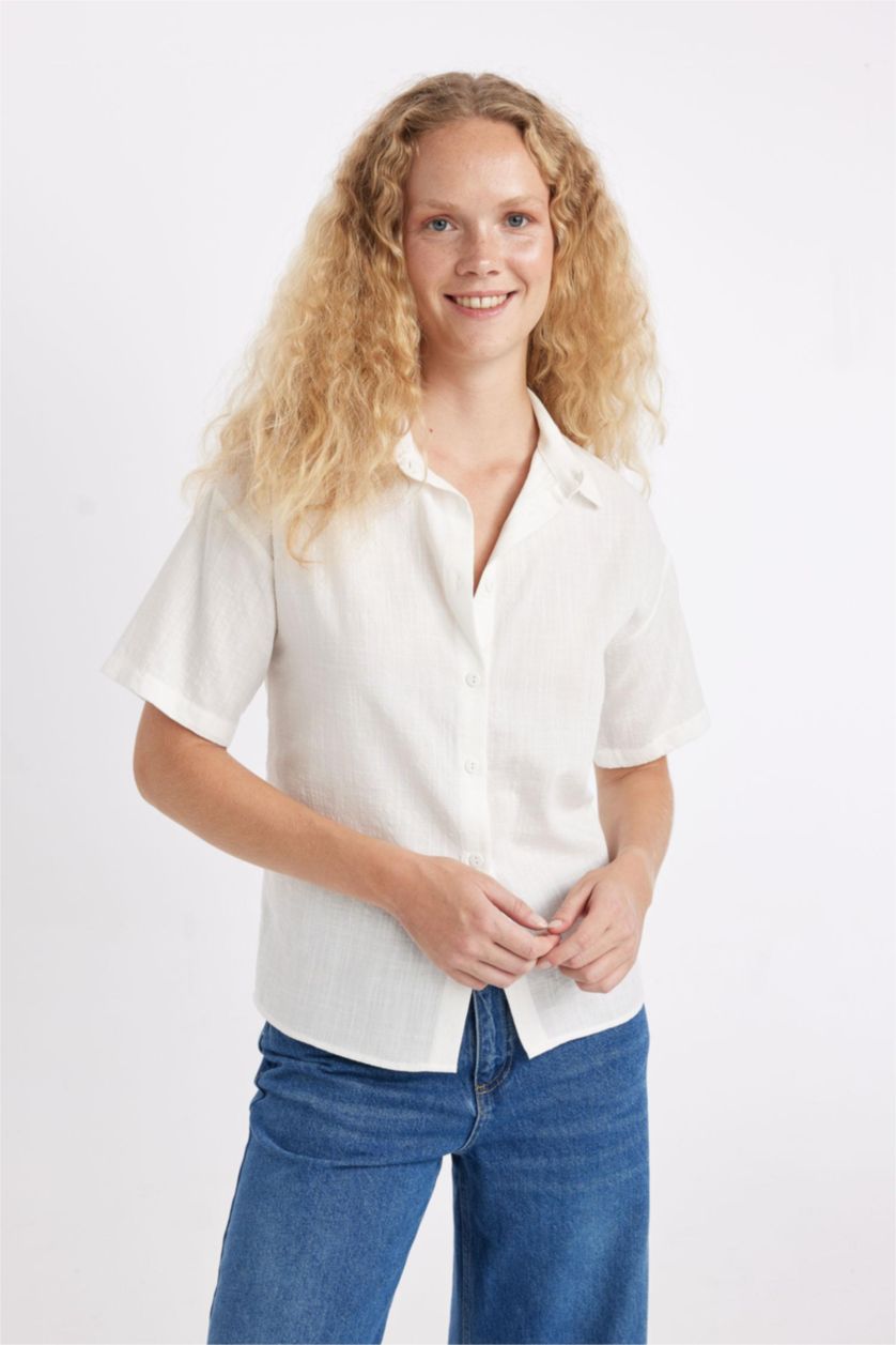 نساء اوف وايت Oversize Linen Look Short Sleeve Shirt