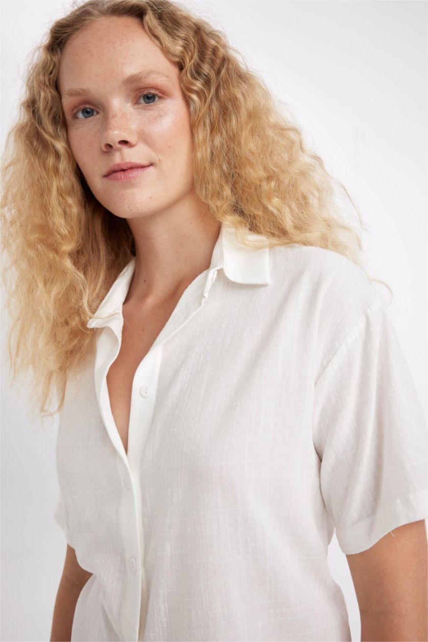 نساء اوف وايت Oversize Linen Look Short Sleeve Shirt