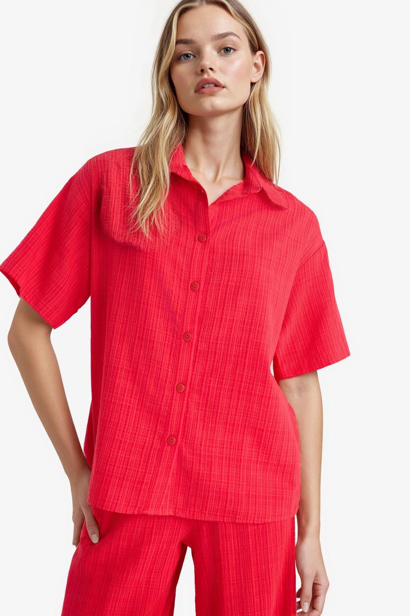 نساء أحمر قميص نص كم واسع ذو مظهر كتاني