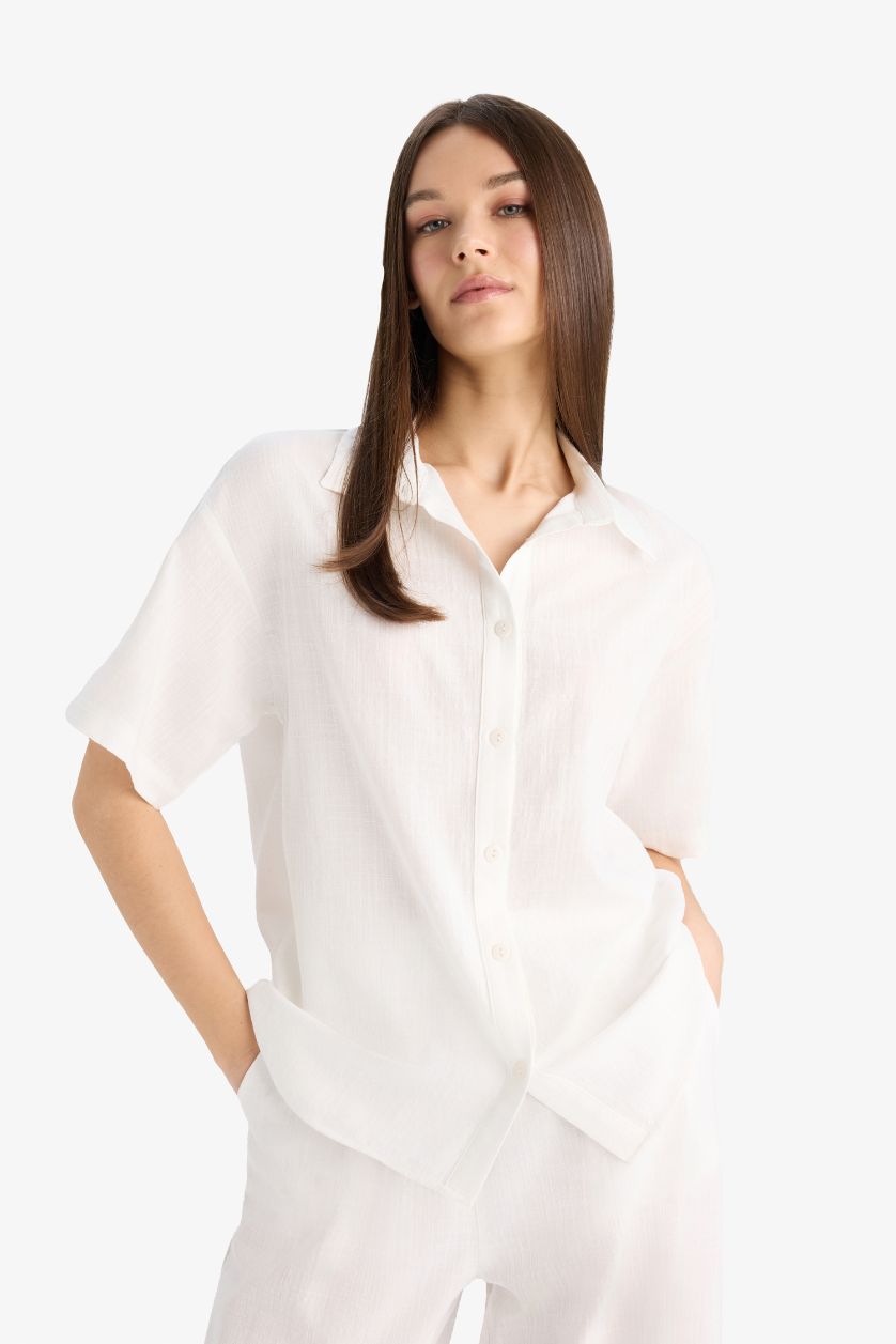 FEMME Blanc Chemise Oversize à Manches Courtes Aspect Lin