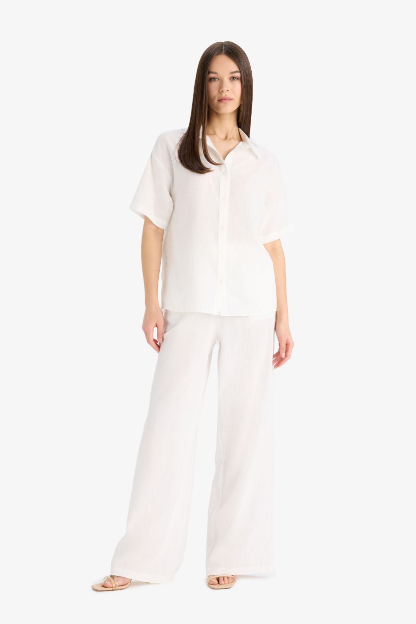 FEMME Blanc Chemise Oversize à Manches Courtes Aspect Lin
