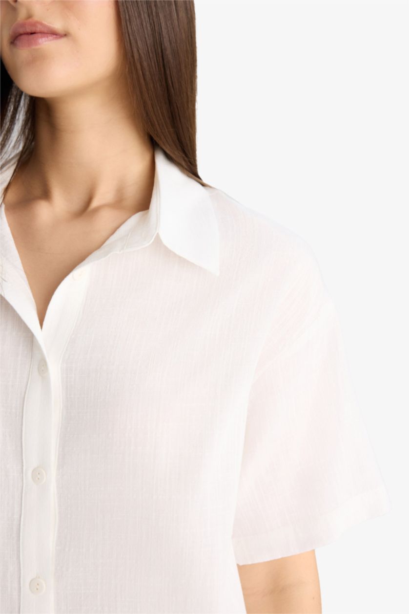 FEMME Blanc Chemise Oversize à Manches Courtes Aspect Lin