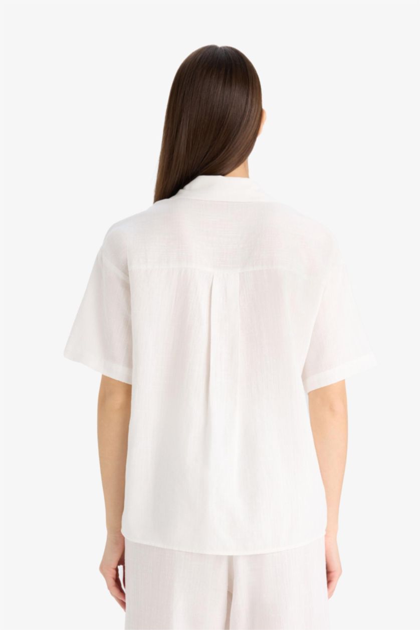 FEMME Blanc Chemise Oversize à Manches Courtes Aspect Lin