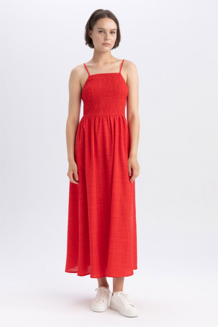 Kadın Kırmızı A Kesim Keten Görünümlü Maxi Askılı Elbise