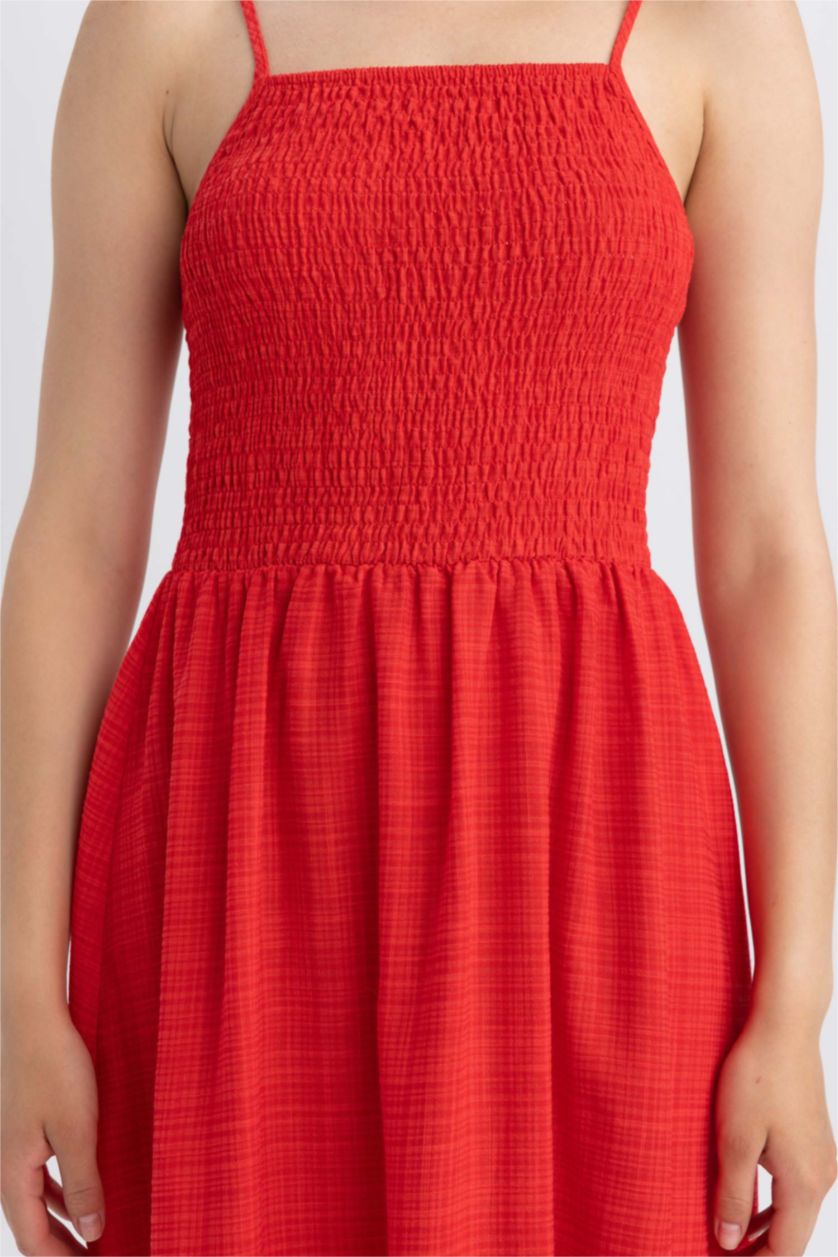 Kadın Kırmızı A Kesim Keten Görünümlü Maxi Askılı Elbise
