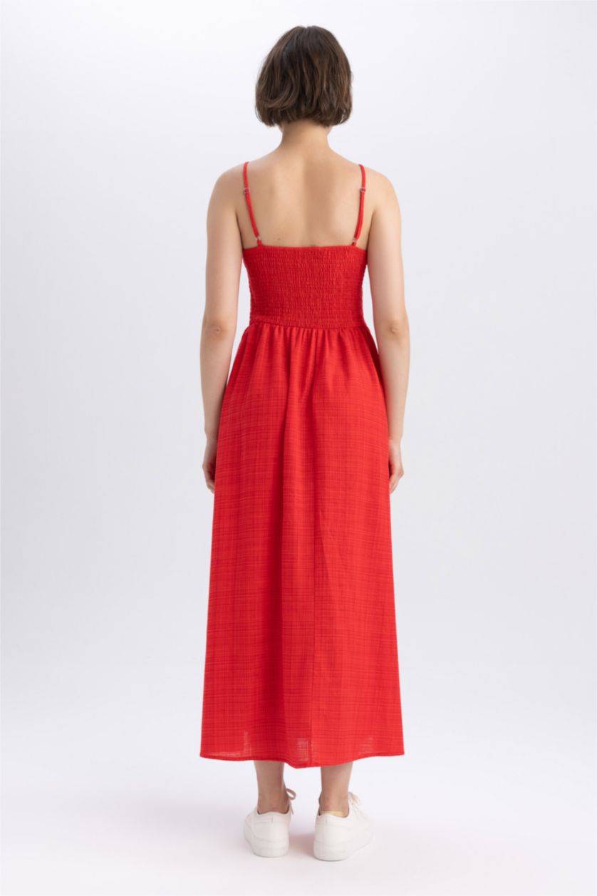 Kadın Kırmızı A Kesim Keten Görünümlü Maxi Askılı Elbise