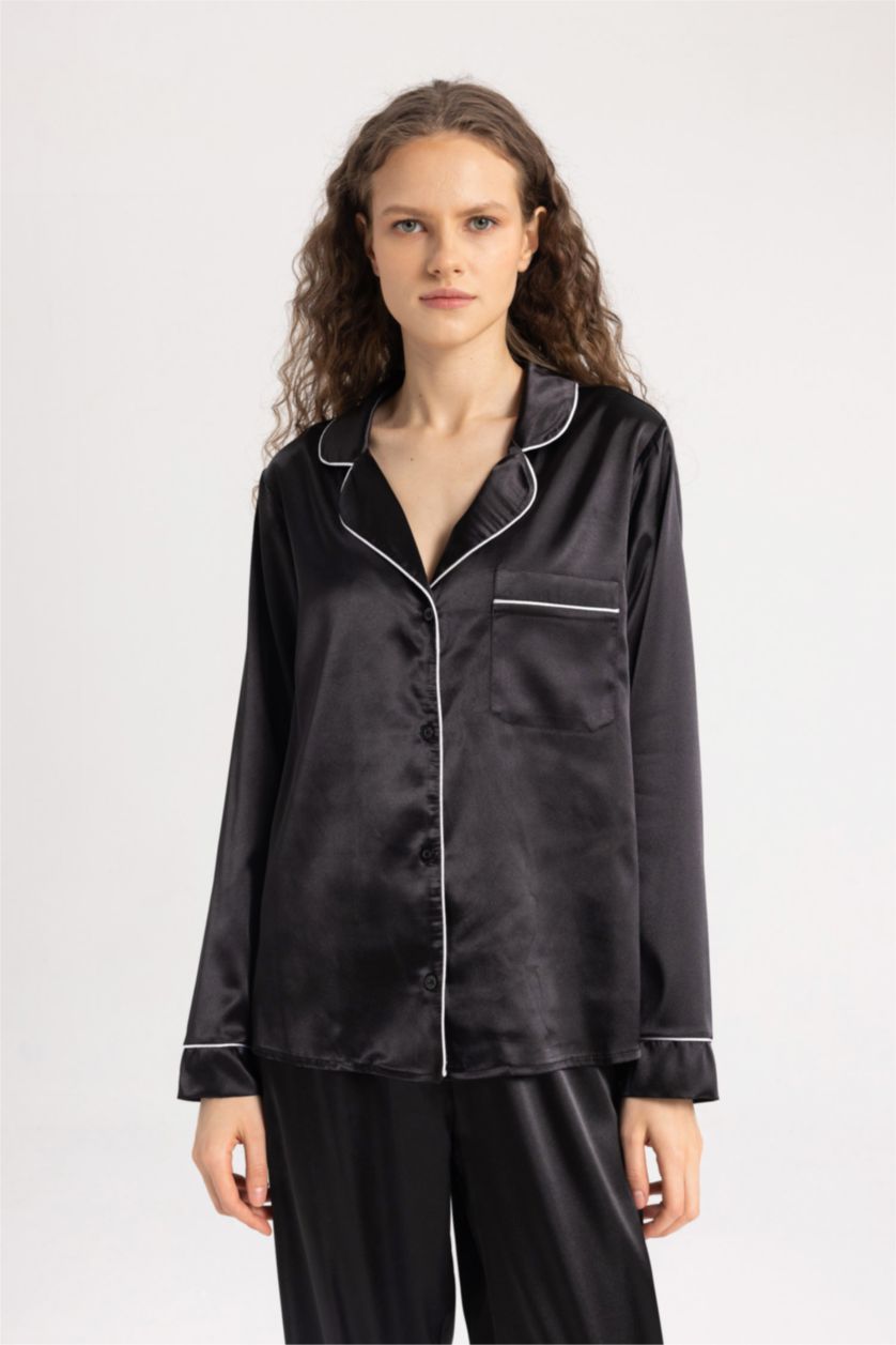 Kadın Siyah Fall in Love Regular Fit Pijama Yaka Saten Uzun Kollu Casual Pijama Üstü