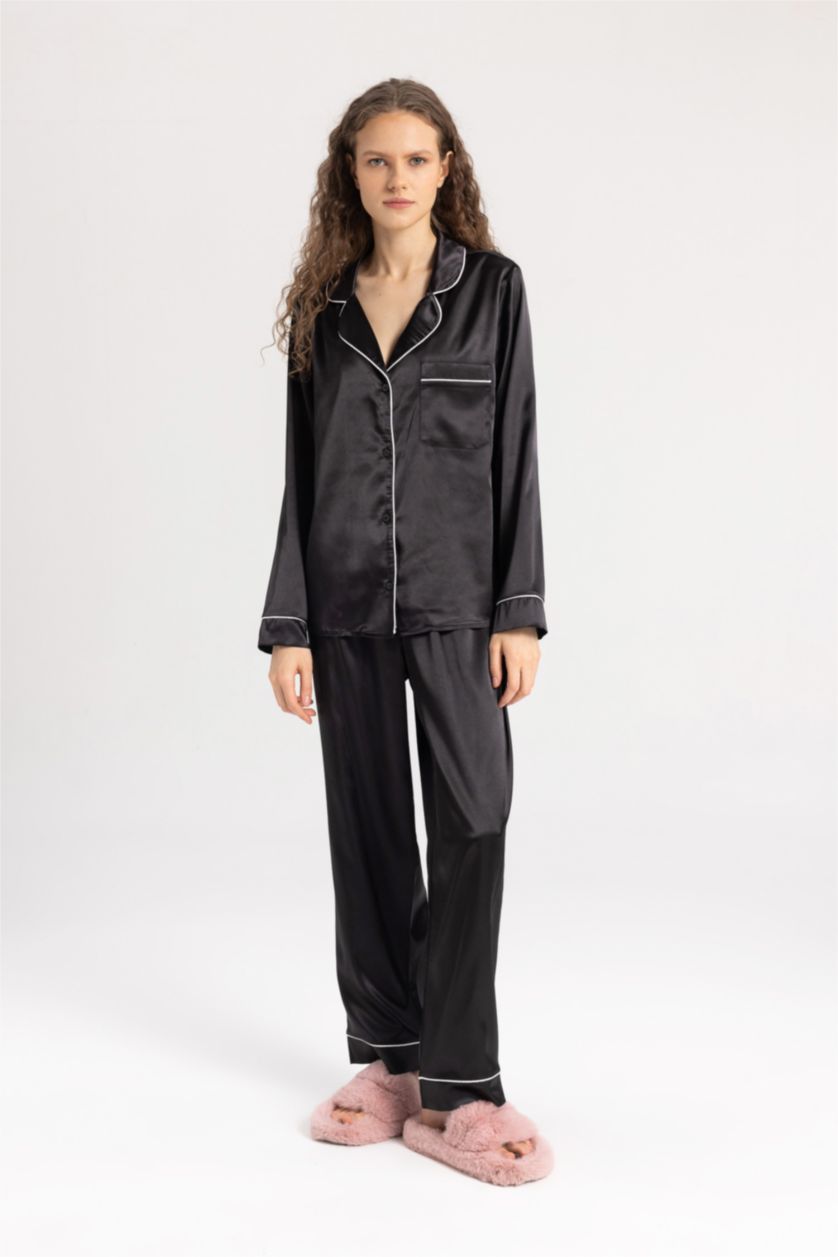 Kadın Siyah Fall in Love Regular Fit Pijama Yaka Saten Uzun Kollu Casual Pijama Üstü