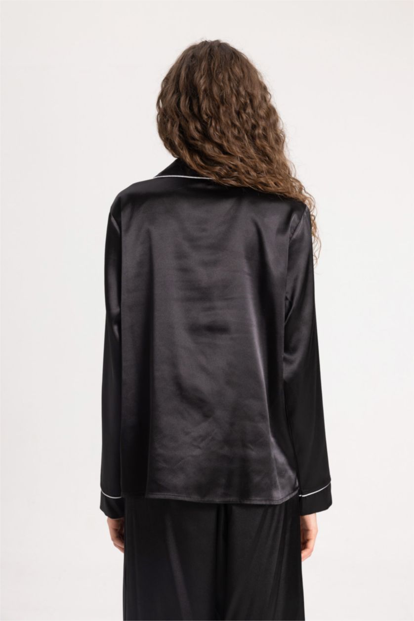 Kadın Siyah Fall in Love Regular Fit Pijama Yaka Saten Uzun Kollu Casual Pijama Üstü