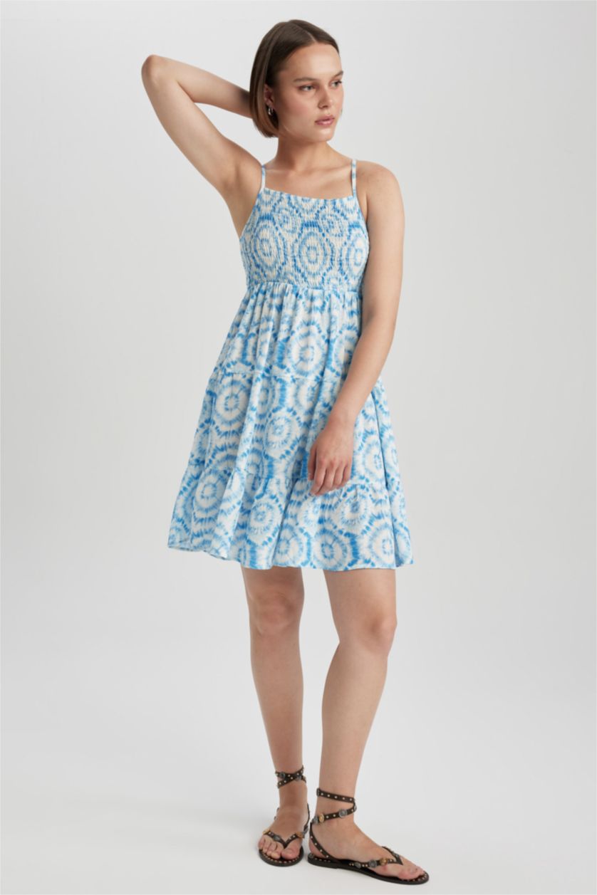 WOMAN Blue Strappy Batic Crinkle Viscose Mini Dress