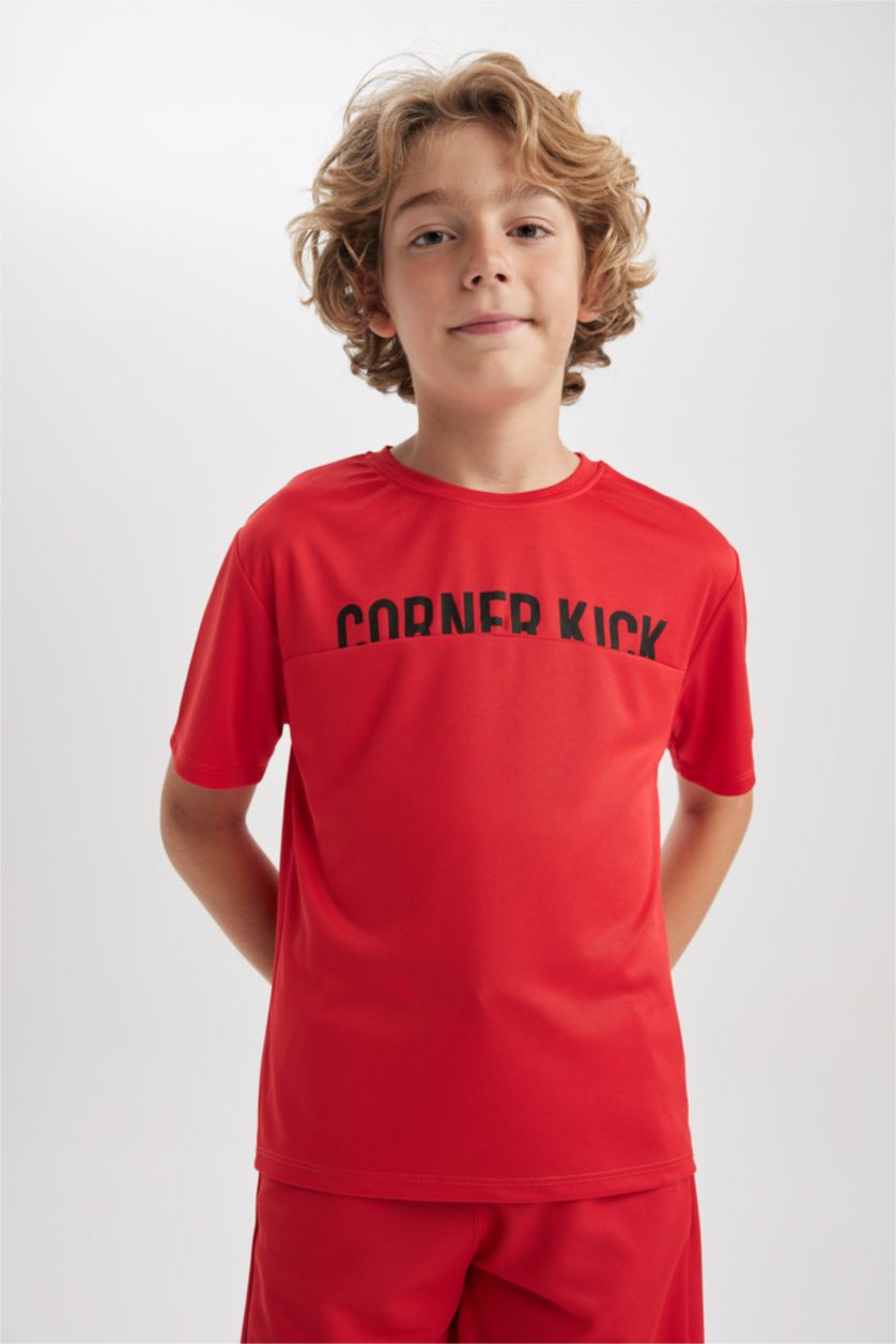 Erkek Çocuk - Genç Erkek Kırmızı Oversıze Bisiklet Yaka Etiket Baskılı Kısa Kollu Tişört Erkek Çocuk