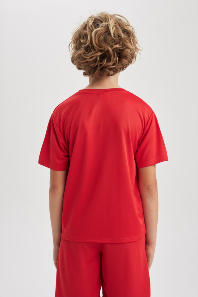 Erkek Çocuk - Genç Erkek Kırmızı Oversıze Bisiklet Yaka Etiket Baskılı Kısa Kollu Tişört Erkek Çocuk