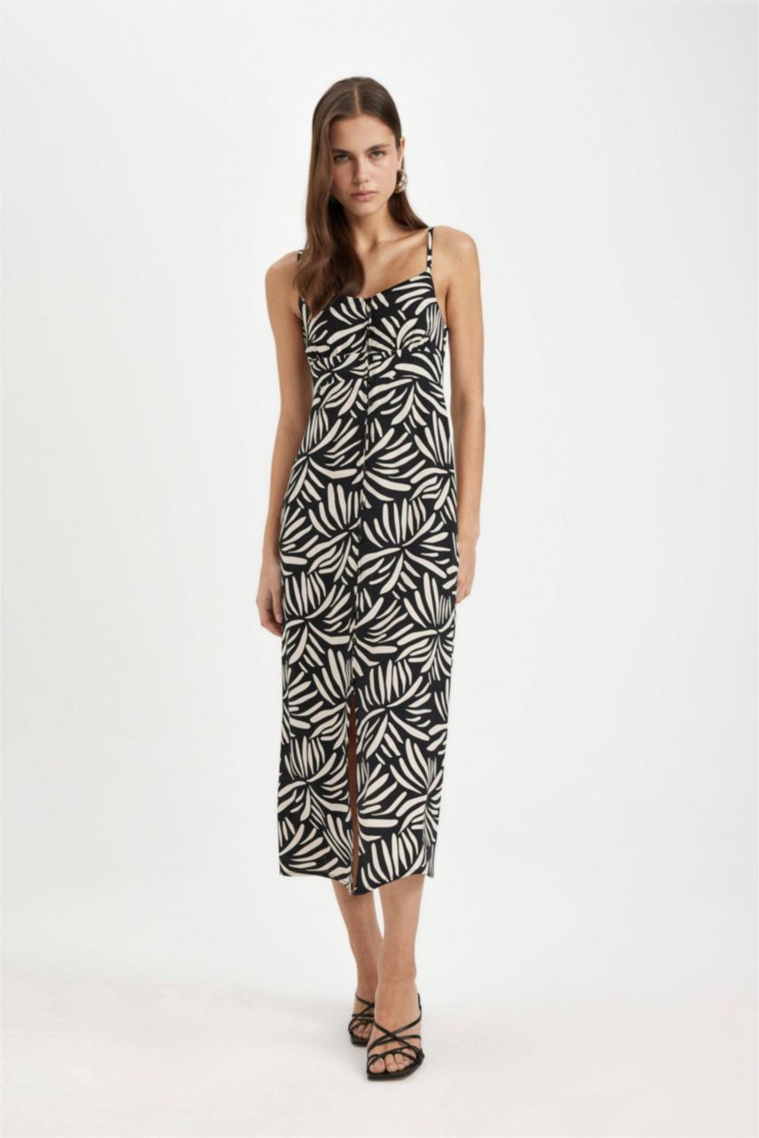 نساء أسود فستان ميدي بحمالات بنمط عرقي منسوج وياخة قلب